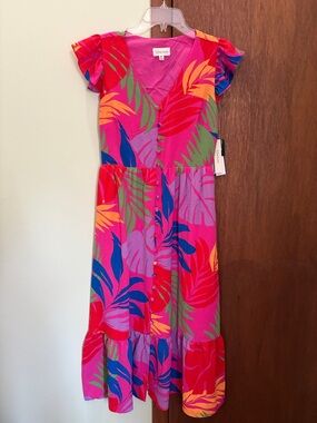52ND STREET Pink Tropical Button-Front Midi Dress